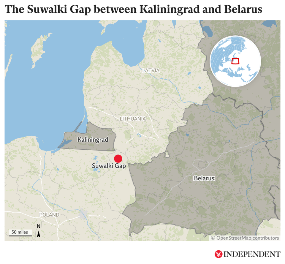 A map showing the Suwalki Gap in northeastern Poland between the Russian territory of Kaliningrad and Belarus (The Independent/Datawrapper)