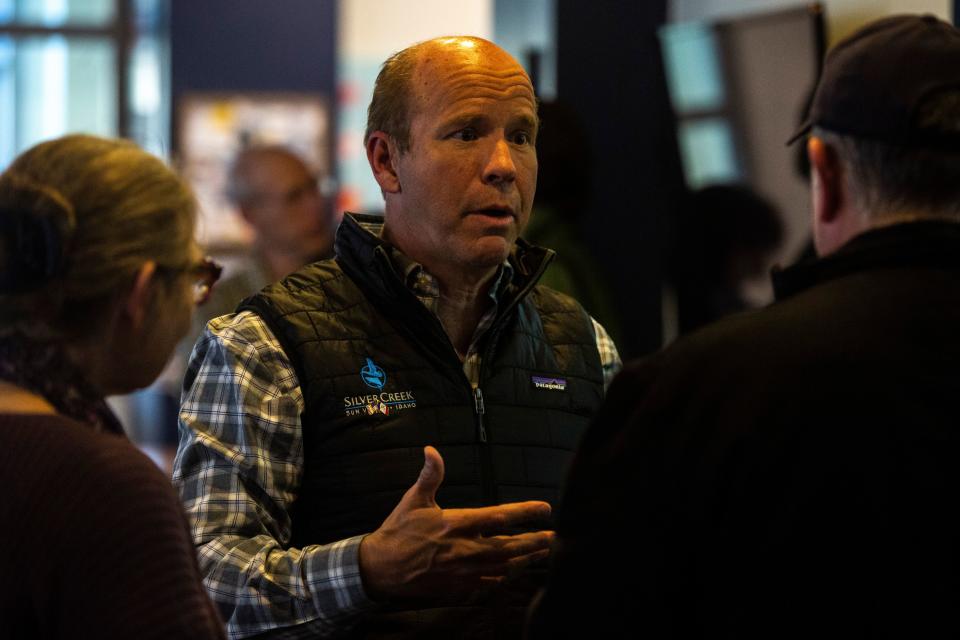 Democratic presidential candidate John Delaney speaks during an event on Sunday, March 31, 2019, at MERGE, a coworking space in downtown Iowa City, Iowa.