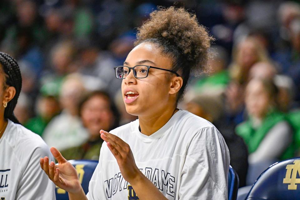 Notre Dame Fighting Irish guard Olivia Miles (5) watches from the bench in the second half against Purdue Northwest Monday, Oct. 30, 2023, at the Purcell Pavilion.