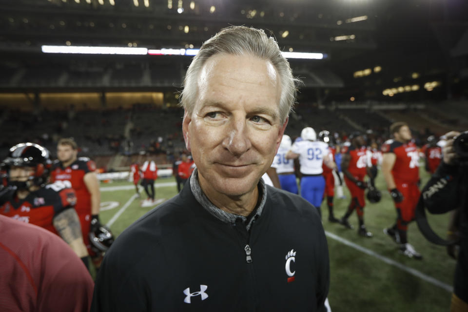 In this Nov. 18, 2016 file photo, Cincinnati coach Tommy Tuberville walks off the field after the team's game against Memphis. (AP)