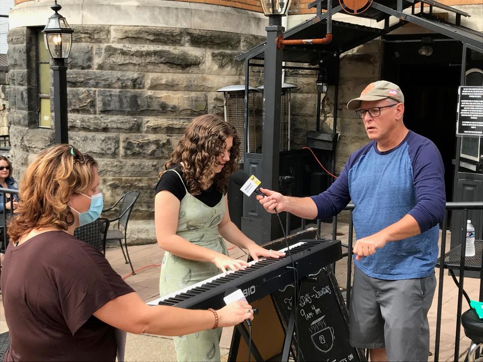 Gabriella Salvucci, a 17-year-old Lincoln Park Performing Arts Charter School student, sang and played keys as guest musician on Pittsburgh's Ya Jagoff podcast hosted by Rachael Rennebeck (left) and John Chamberlain (right).