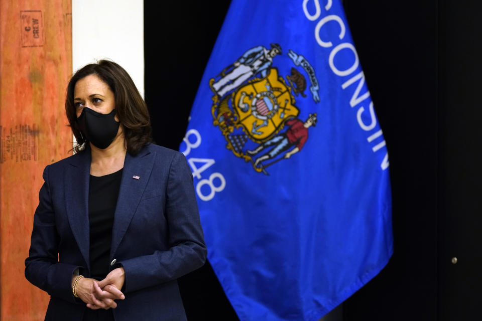 Democratic vice presidential candidate Sen. Kamala Harris, D-Calif., talks about her meeting with the family of Jacob Blake during a tour of the IBEW 494 training facility Monday, Sept. 7, 2020, in Milwaukee. (AP Photo/Morry Gash)