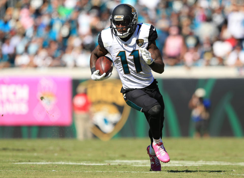 Jacksonville receiver Marqise Lee suffered a knee injury in their preseason game against the Atlanta Falcons on Saturday afternoon and was carted off the field. (Getty Images)