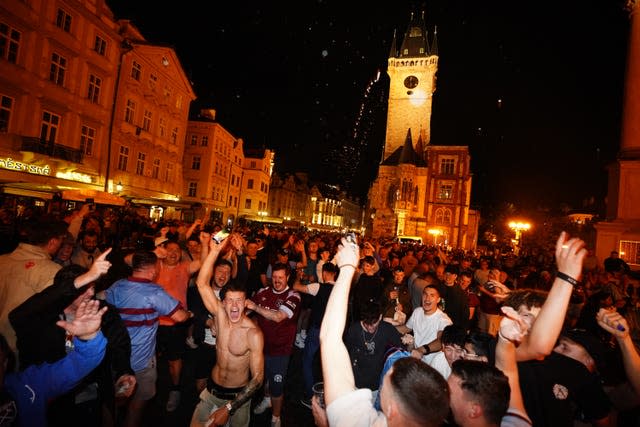 West Ham United fans celebrate in Staromestske Namesti, Prague, after their team won the Uefa Europa Conference League Final against Fiorentina at the Fortuna Arena