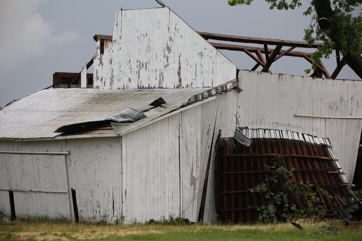 A workshop owned by Chad Brough was heavily damaged by a storm south of Oak Harbor on Ohio 19.
