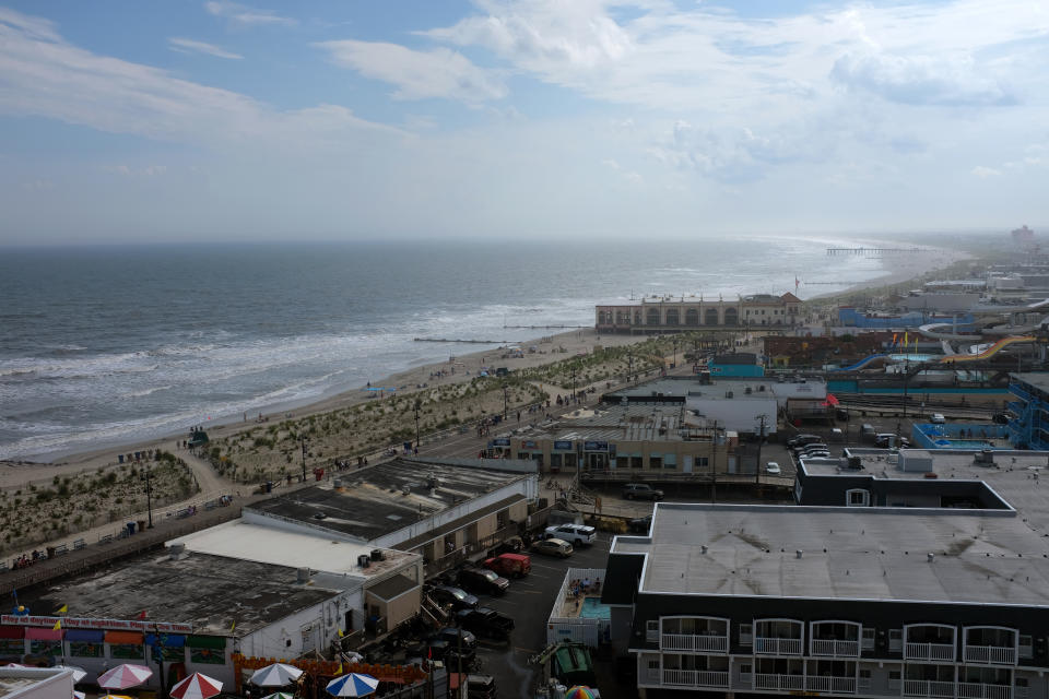 An aerial view of the beach and boardwalk along the Atlantic Ocean on July 25, 2022 in Ocean City, NJ.  (Michael Bocchieri/Getty Images)