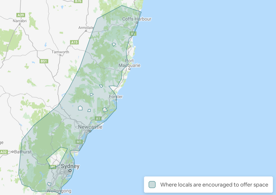 Locals in the highlighted area along the NSW coast are being encouraged to offer space for people impacted by the floods. Source: Airbnb