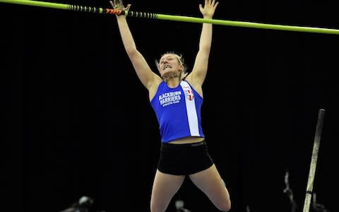 Britain's Holly Bradshaw competes in the women's pole vault final at the Indoor athletics Grand Prix at Arena Birmingham in Birmingha - Credit: AFP