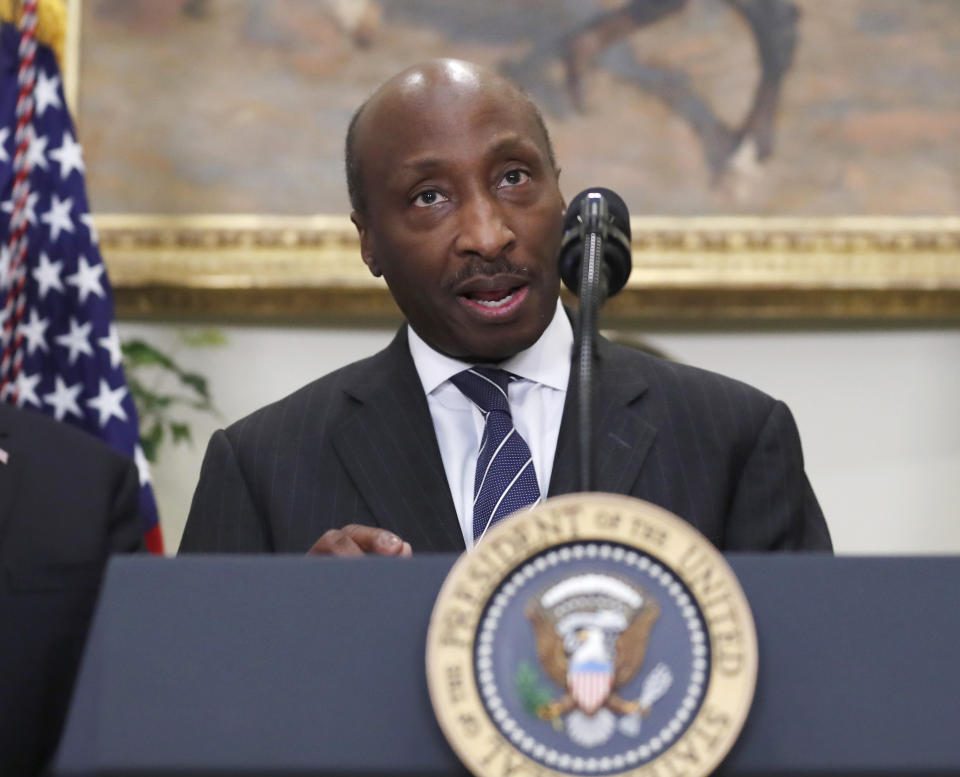 FILE - In this July 20, 2017 file photo, Merck CEO Ken Frazier speaks in the Roosevelt Room of the White House in Washington. Merck is entering a new era, with sweeping changes across its executive suite and the spinoff off its women's health and other businesses, a bid to enable both resulting companies to grow faster. The massive management makeover, mostly triggered by Frazier's upcoming retirement, occurs as the drugmaker says hits to sales of many of its medicines amid lockdowns and other impacts from the coronavirus pandemic will lessen and sales will rise over the rest of the year. (AP Photo/Alex Brandon, File)