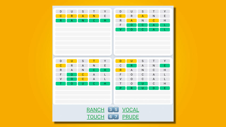 Quordle Daily Sequence answers for game 532 on a yellow background