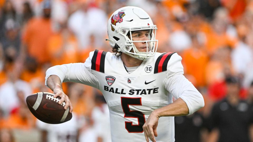 Ball State quarterback John Paddock (5) plays against Tennessee on Sept. 1, 2022, in Knoxville, Tennessee.