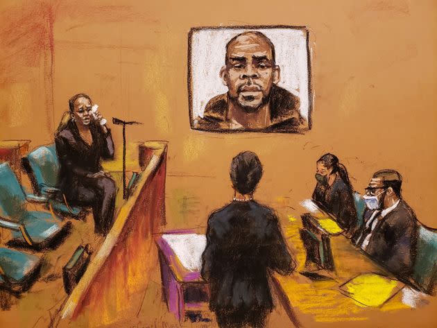 A courtroom sketch shows assistant U.S. Attorney Nadia Shihata questioning Cheryl Mack on Friday.  (Photo: JANE ROSENBERG via Reuters)