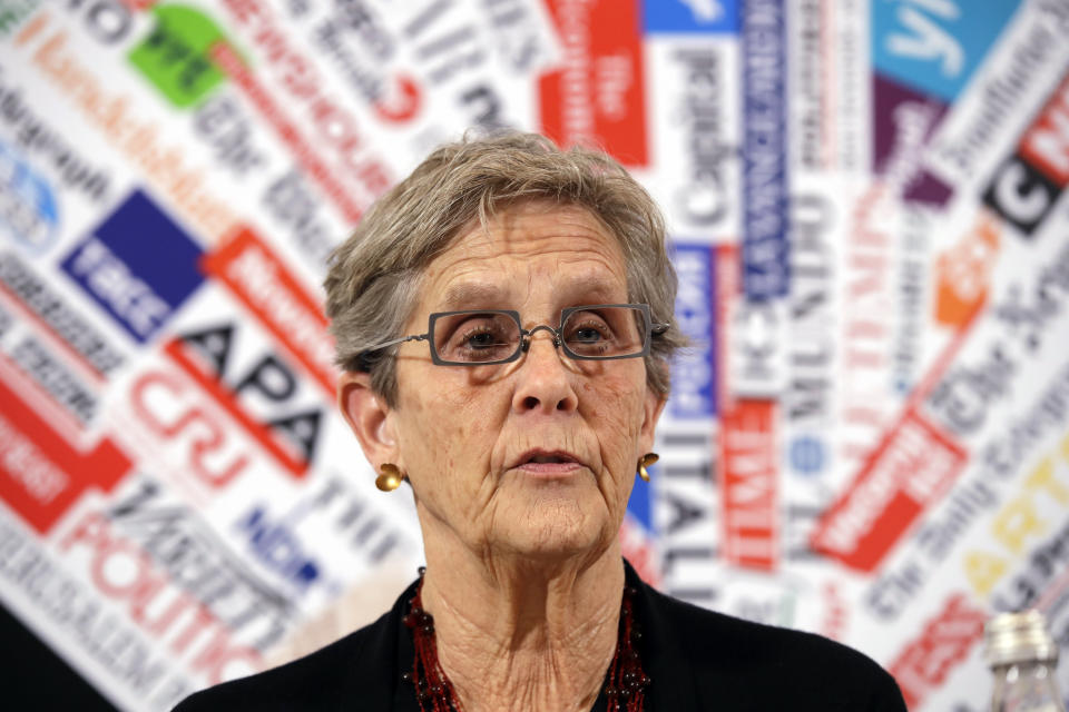 Barbara Dorris, survivor and former executive director, SNAP (Survivors Network of those Abused by Priests) attends the press conference "Voices of Faith, women's abuse survivors' group: Overcoming" at the Foreign Press association in Rome, Tuesday Feb. 19, 2019. Pope Francis is hosting a four-day summit on preventing clergy sexual abuse, a high-stakes meeting designed to impress on Catholic bishops around the world that the problem is global and that there are consequences if they cover it up. (AP Photo/Alessandra Tarantino)