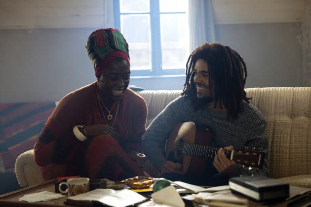 Lashana Lynch and Kingsley Ben-Adir in 'Bob Marley: One Love.' - Credit: Chiabella James/Paramount Pictures.