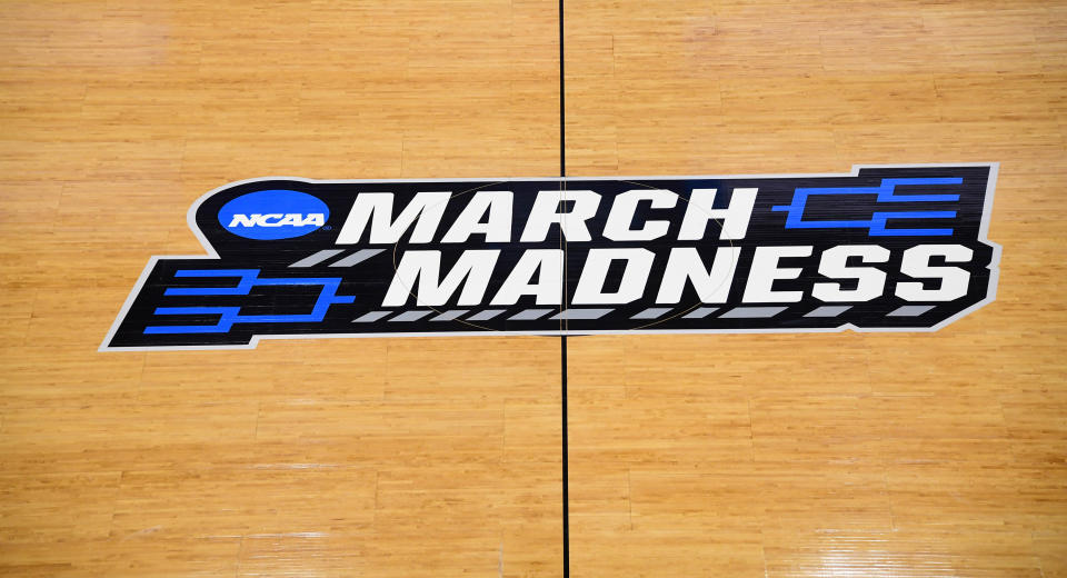 Mar 20, 2019; Salt Lake City, UT, USA; General overall view of the March Madness logo at center court  before the first round of the 2019 NCAA Tournament at Vivint Smart Home Arena. Mandatory Credit: Kirby Lee-USA TODAY Sports