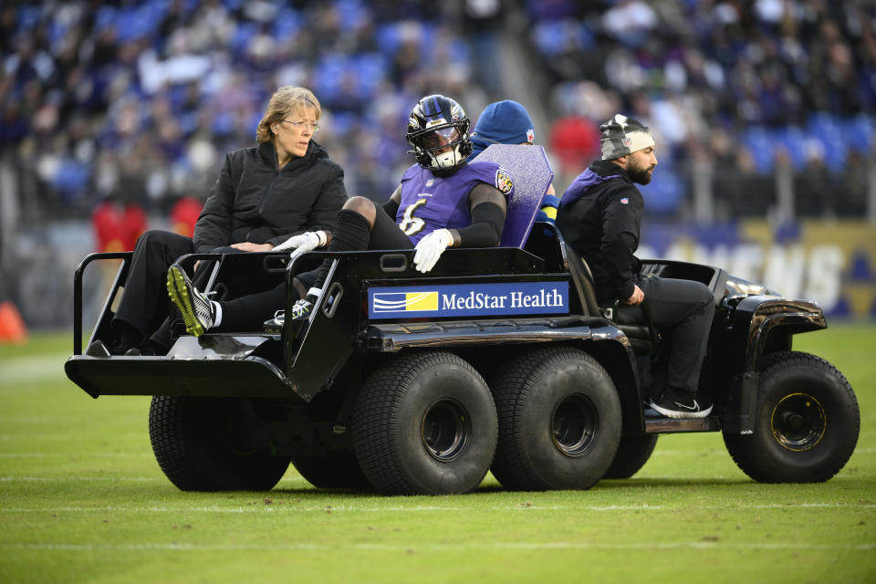 Baltimore Ravens linebacker Patrick Queen (6) leaves the field in a medical cart after being injured in the second half of an NFL football game against the Denver Broncos, Sunday, Dec. 4, 2022, in Baltimore. (AP Photo/Nick Wass)