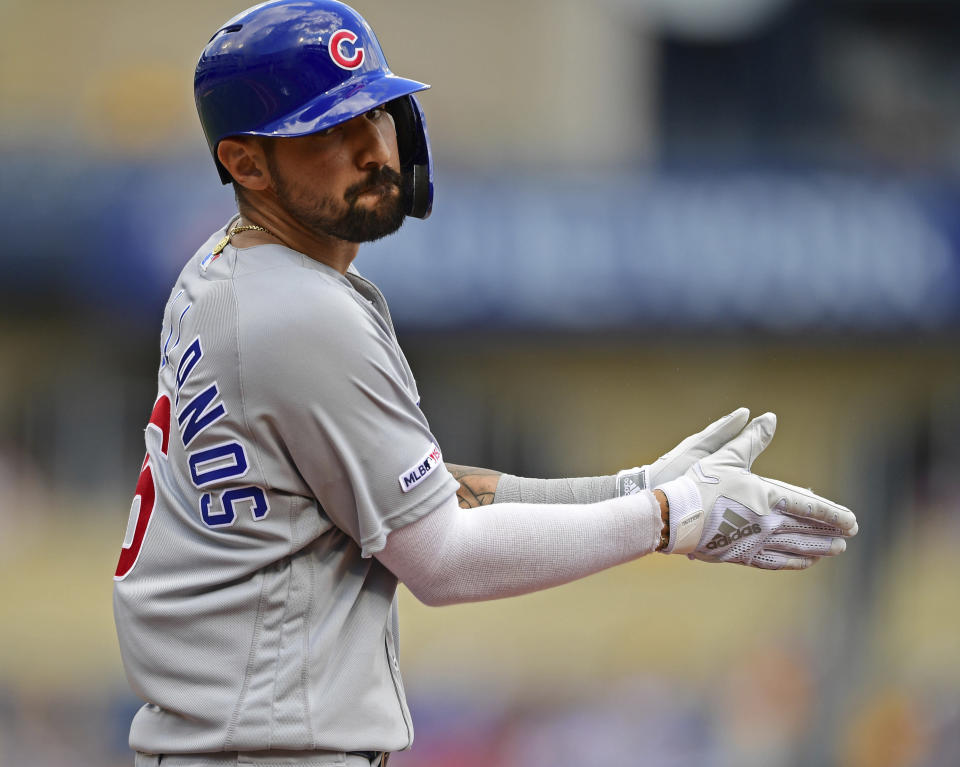 Chicago Cubs' Nicolas Castellanos reacts after flying out in the fourth inning of a baseball game against the Pittsburgh Pirates, Saturday, Aug. 17, 2019, in Pittsburgh. (AP Photo/David Dermer)