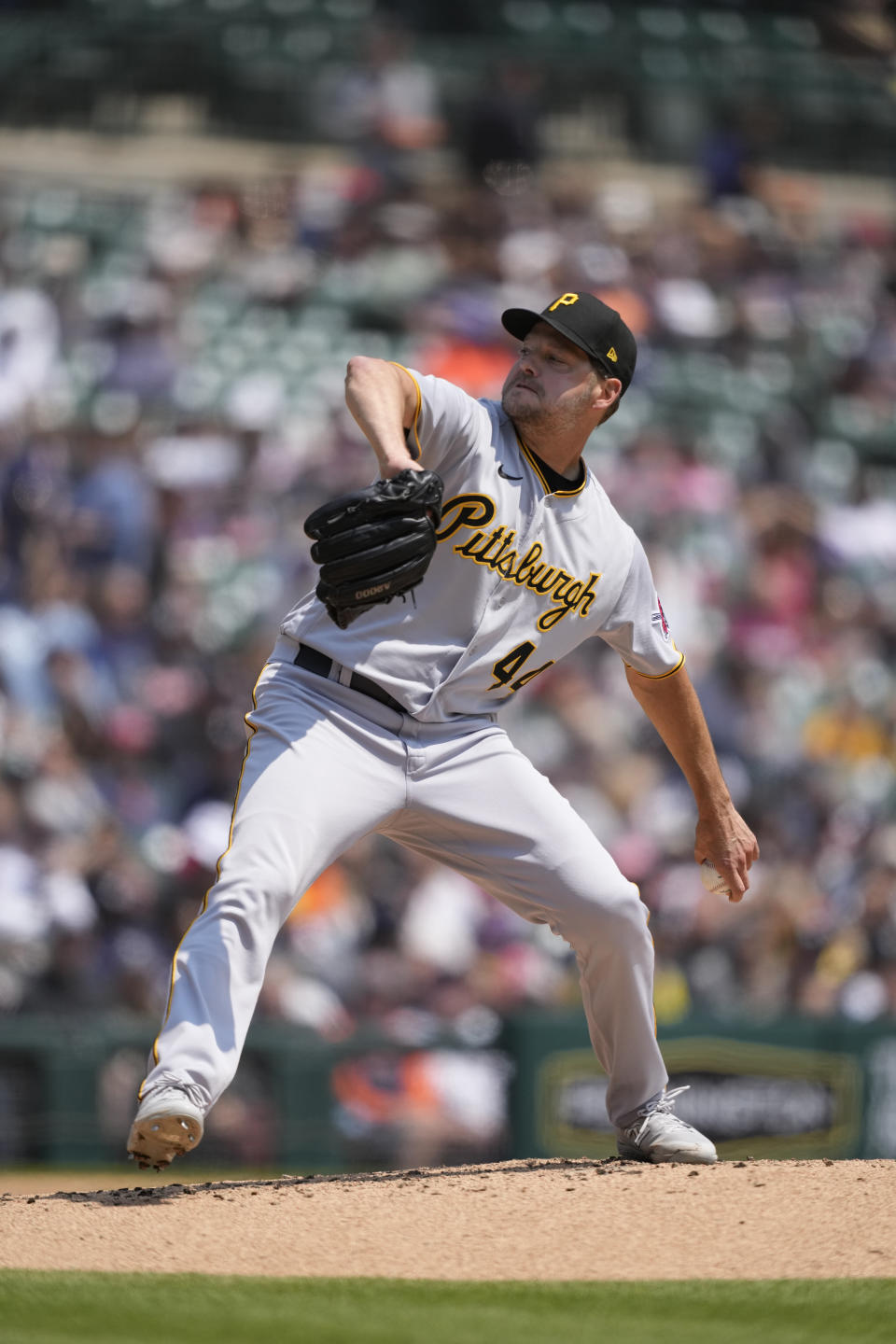 Pittsburgh Pirates starting pitcher Rich Hill throws during the second inning of a baseball game against the Detroit Tigers, Wednesday, May 17, 2023, in Detroit. (AP Photo/Carlos Osorio)