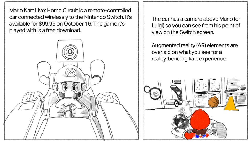 Text: Mario Kart Live: Home Circuit is a remote-controlled car connected wirelessly to the Nintendo Switch. It's available for $99.99 on October 16. The game it's played with is a free download. [Image: drawing of closeup of Mario Kart toy] Text: The car has a camera above Mario (or Luigi) so you can see from his point of view on the Switch screen. Augmented reality (AR) elements are overlaid on what you see for a reality-bending cart experience. [Image: drawing of in-game play in a living room]