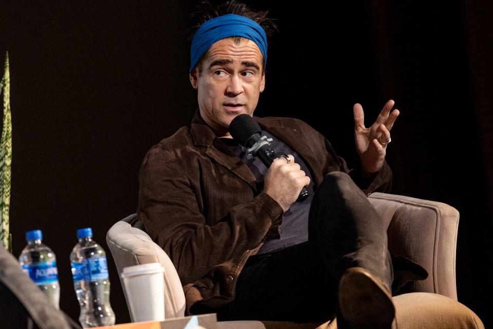 Colin Farrell speaks on stage at the Talking Pictures Screening of "The Banshees of Inisherin" in Palm Springs.