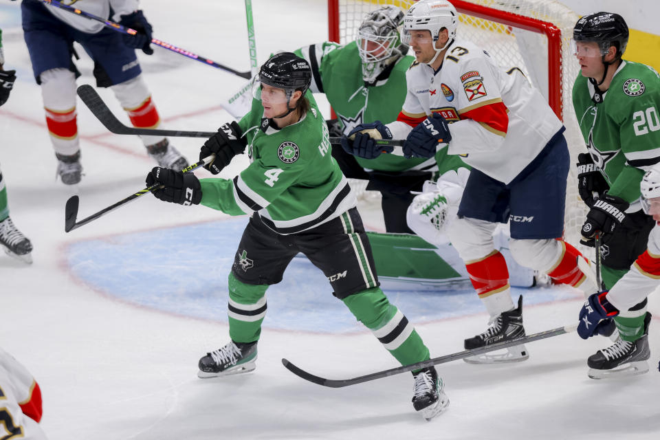 Dallas Stars defender Miro Heiskanen (4) scores in the third period of an NHL hockey game against the Florida Panthers in Dallas, Sunday, Jan. 8, 2023. (AP Photo/Gareth Patterson)