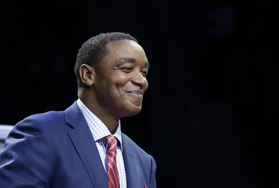 Former Detroit Pistons player Isiah Thomas, is seen during a halftime ceremony where Chauncey Billups' jersey was raised to the rafters during an NBA basketball game between the Detroit Pistons and the Denver Nuggets, Wednesday, Feb. 10, 2016 in Auburn Hills, Mich. (AP Photo/Carlos Osorio)