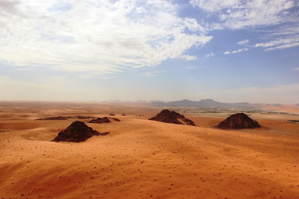 This undated photo provided by the Palaeodeserts Project in September 2021 shows the Jubbah Oasis in northern Saudi Arabia, where humans were repeatedly present during periods of increased rainfall over hundreds of thousands of years. (Ceri Shipton/Palaeodeserts Project via AP)