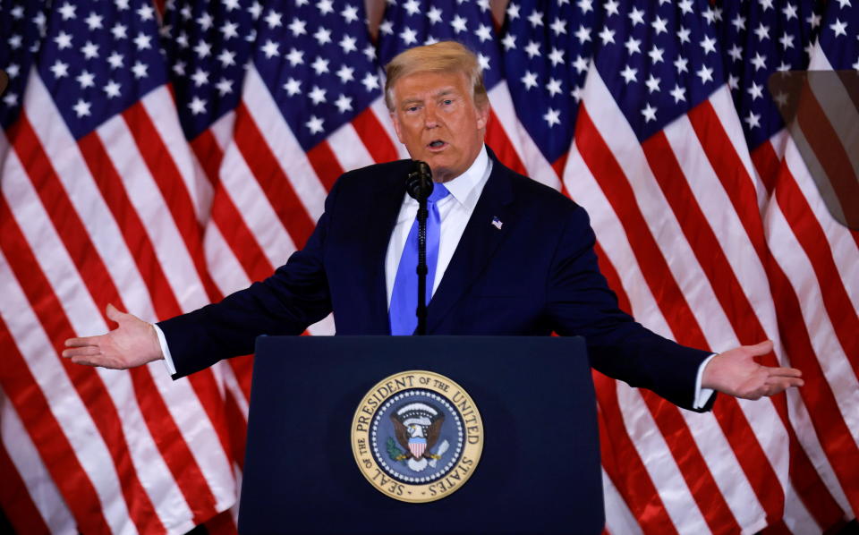 U.S. President Donald Trump speaks about early results from the 2020 U.S. presidential election in the East Room of the White House in Washington, U.S., November 4, 2020. REUTERS/Carlos Barria     TPX IMAGES OF THE DAY