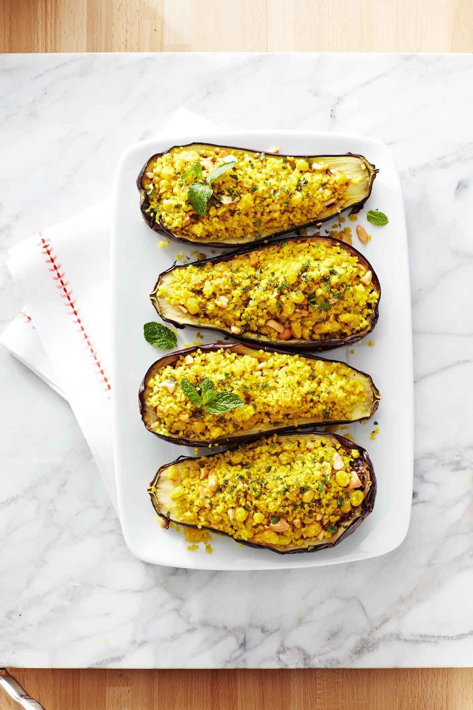 Bulgur and Cashew Stuffed Eggplant