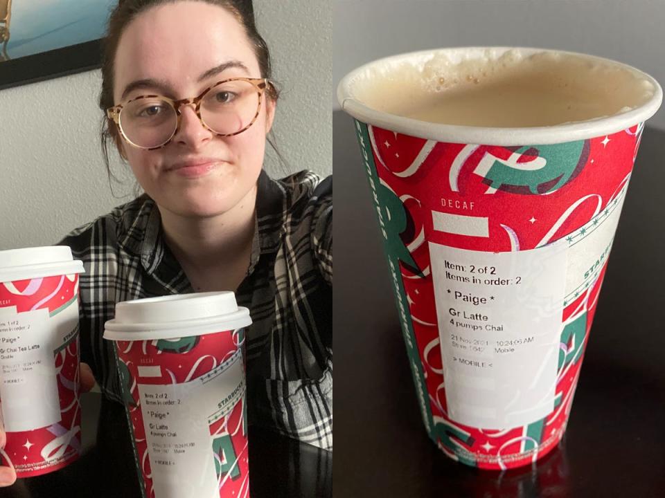 The writer with a Starbucks cup next to a photo of her Starbucks chai latte