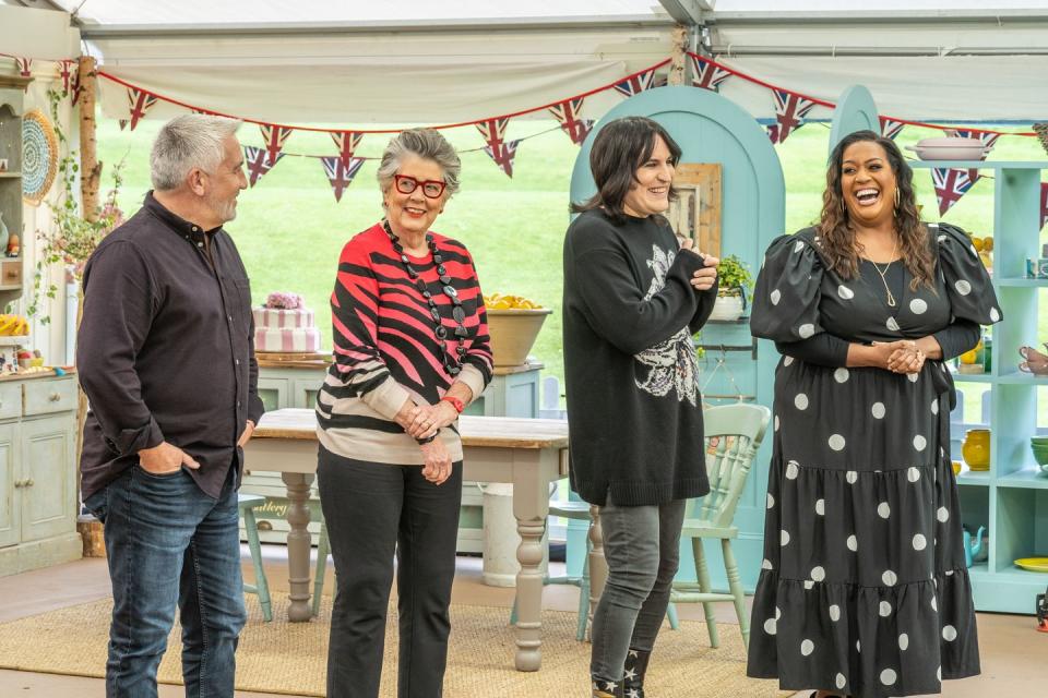 paul hollywood, prue leith, noel fielding and alison hammond in great british bake off