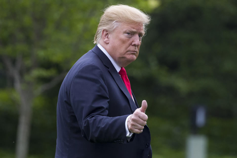 President Donald Trump gives thumbs up after arriving on Marine One on the South Lawn of the White House, Friday, May 17, 2019, in Washington. Trump is returning from a trip to New York. (AP Photo/Alex Brandon)