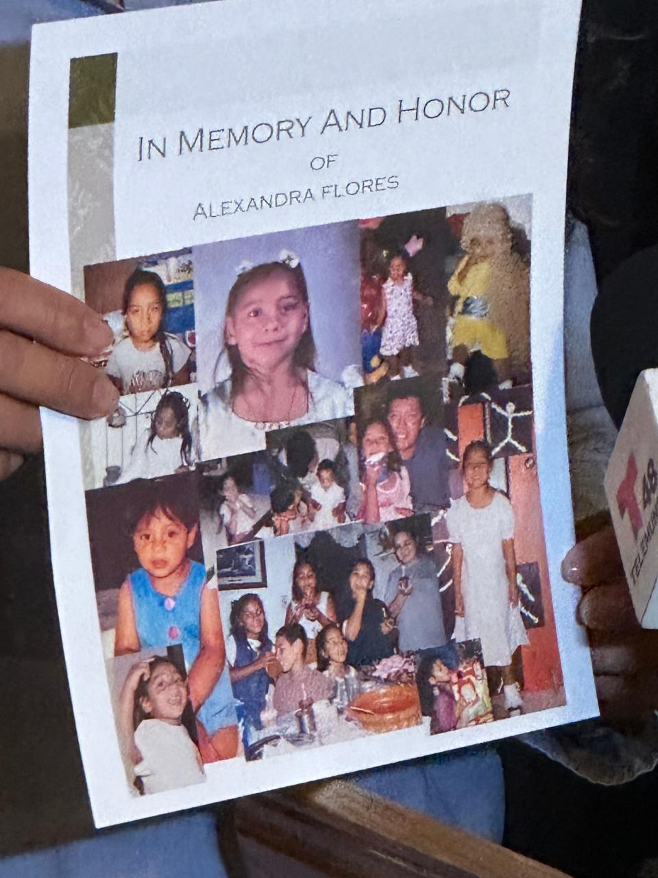 A poster with photos of Alexandra Flores was held up by her siblings, Sandra Frausto and Ignacio Frausto, during a news conference Nov. 16, 2023, at the Texas Department of Criminal Justice's Huntsville Unit after the execution of the man, David Santiago Renteria, who abducted and killed Alexandra in 2001.