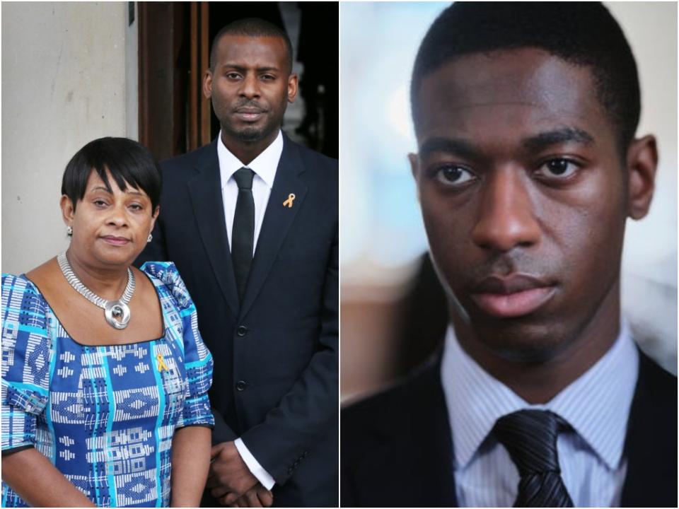 Doreen Lawrence with Stuart Lawrence, who is played by Jorden Myrie in ‘Stephen’ (Getty Images/Hat Trick/ITV)