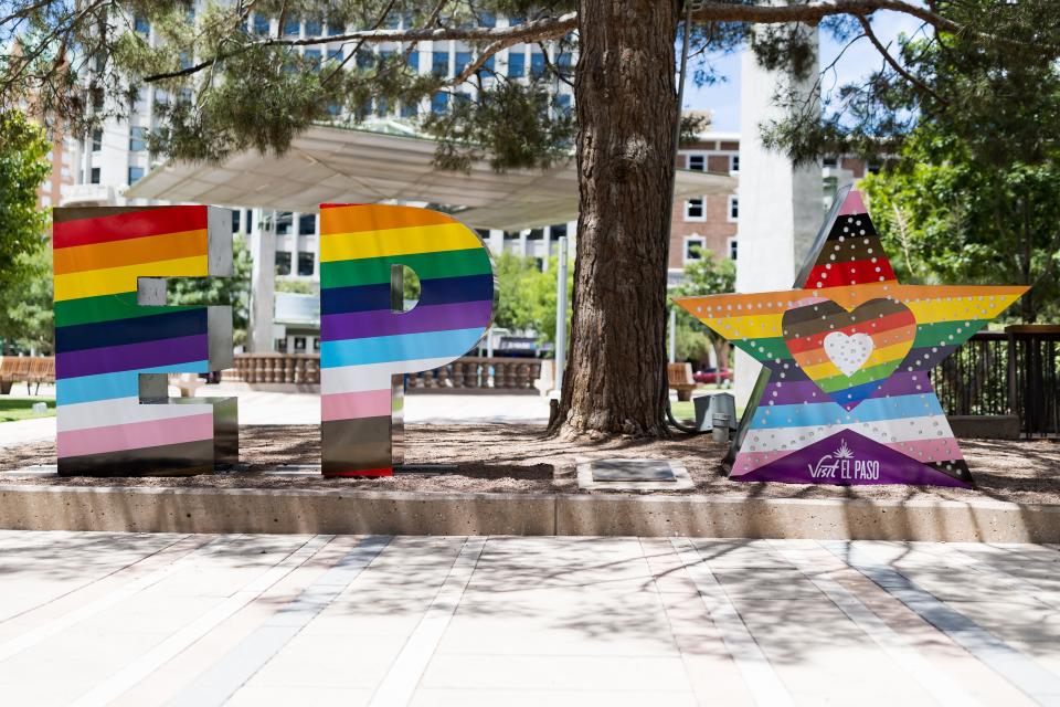 Visit El Paso celebrates Pride Month by creating a new design for the Love Letters art exhibit at San Jacinto Plaza.