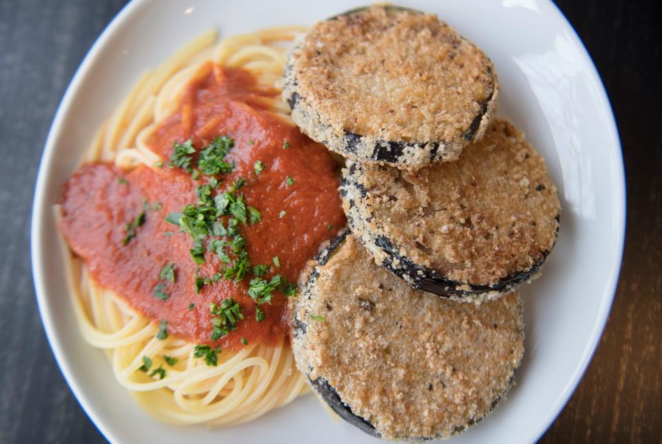 A plate of eggplant parmesan and spaghetti is displayed in LesbiVeggies, a plant-based and gluten-free Audubon cafe that is slated to open in February.
