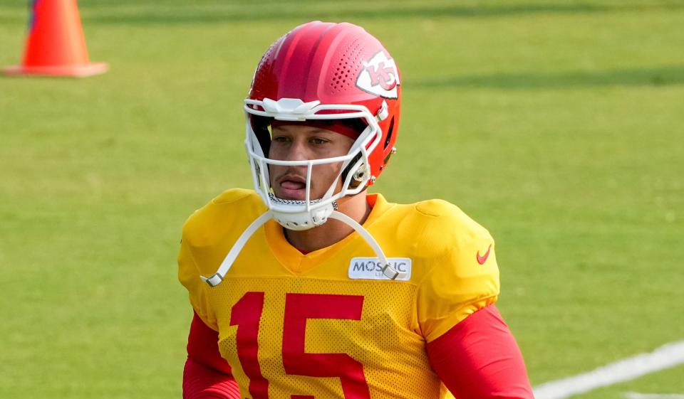 Jul 26, 2024; Kansas City, MO, USA; Kansas City Chiefs quarterback Patrick Mahomes (15) jogs on field during training camp at Missouri Western State University. Mandatory Credit: Denny Medley-USA TODAY Sports