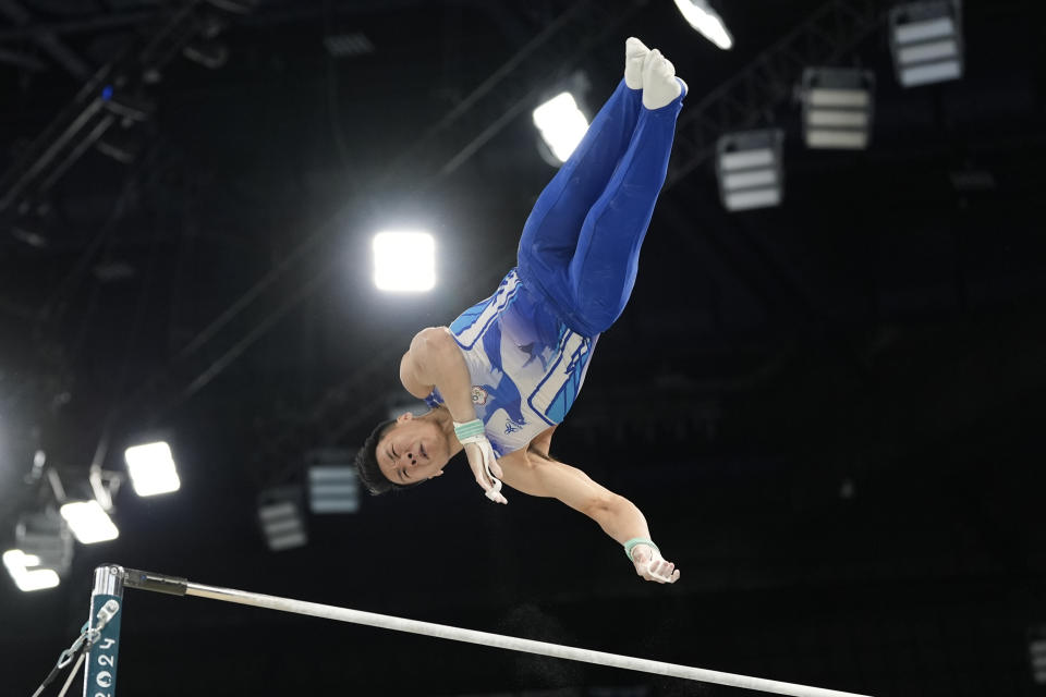 Tang Chia-Hung, of Taiwan, competes during the men's artistic gymnastics individual horizontal bar finals at Bercy Arena at the 2024 Summer Olympics, Monday, Aug. 5, 2024, in Paris, France. (AP Photo/Abbie Parr)