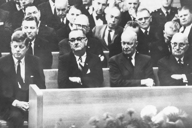 From left, serving as the 35th President, John F. Kennedy, then Vice President and eventual 36th President Lyndon B. Johnson, 34th President Dwight D. Eisenhower and 33rd President Harry S. Truman all in the front row for Speaker of the House, Sam Rayburn’s funeral in November 1961. (Denison Herald archives)