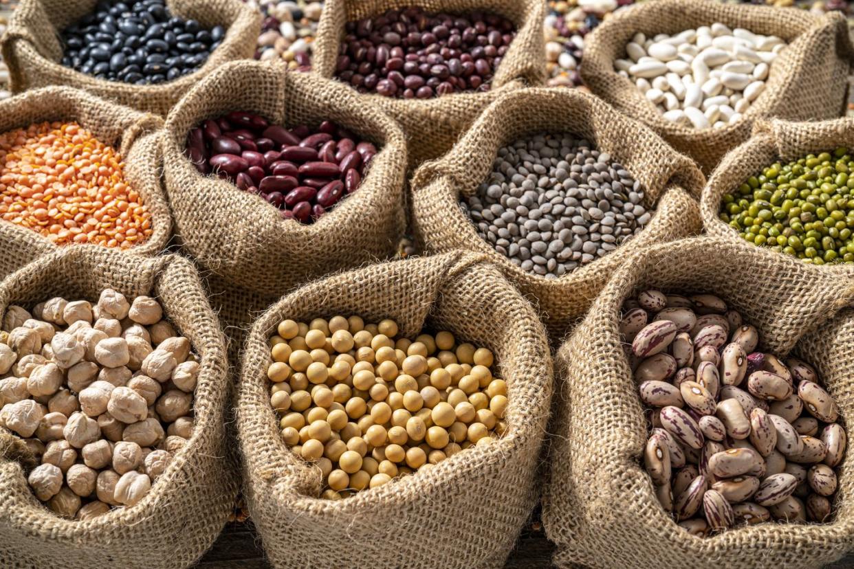 assorted legumes in burlap sacks in a row as a full frame background