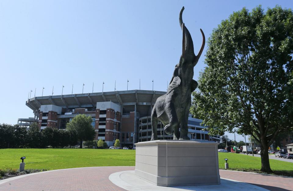 Tuska, the life-sized elephant sculpture now residing outside Bryant-Denny Stadium, will be one of the first things visitors see during this football season. [Staff Photo/Gary Cosby Jr.]