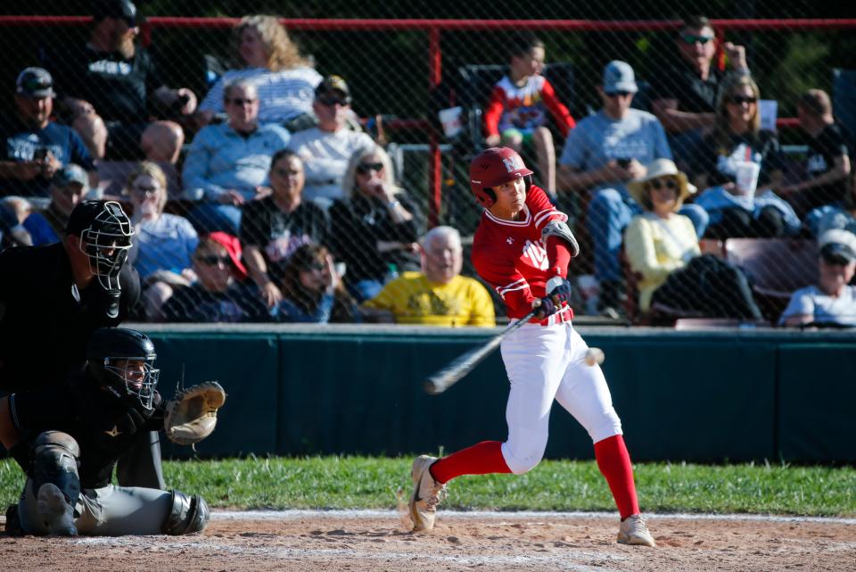 Nixa's Wyatt Vincent swings for a hit as the Eagles take on the Willard Tigers at Nixa on Tuesday, April 18, 2023.