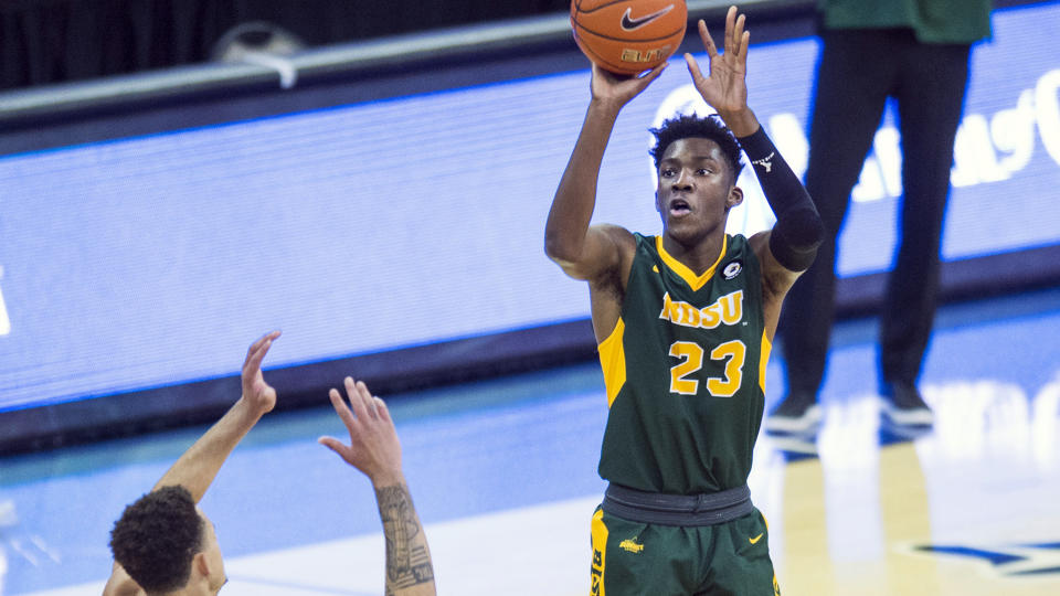 North Dakota State's Maleeck Harden-Hayes scores against Creighton during the first half of an NCAA college basketball game in Omaha, Neb., Sunday, Nov. 29, 2020. (AP Photo/Kayla Wolf)