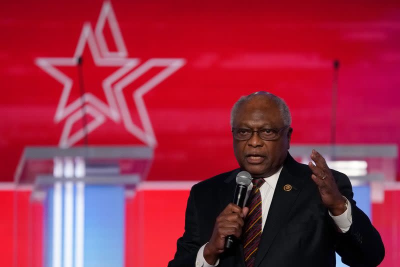 U.S. Representative Jim Clyburn speaks on stage before the tenth Democratic 2020 presidential debate at the Gaillard Center in Charleston