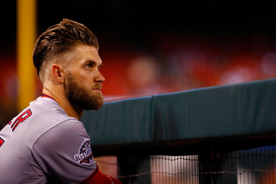 ST. LOUIS, MO – AUGUST 16: Bryce Harper #34 of the Washington Nationals looks on from the dugout during a game against the St. Louis Cardinals at Busch Stadium on August 16, 2018 in St. Louis, Missouri. (Photo by Dilip Vishwanat/Getty Images)