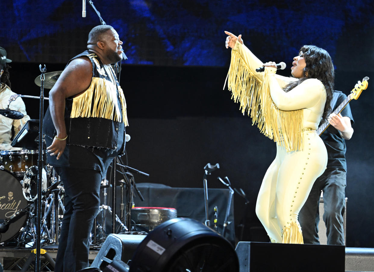 Tanya Trotter and Michael Trotter Jr.of The War and Treaty performs onstage at The Rolling Stones “Hackney Diamonds Tour” held at SoFi Stadium on July 10, 2024 in Los Angeles, California.