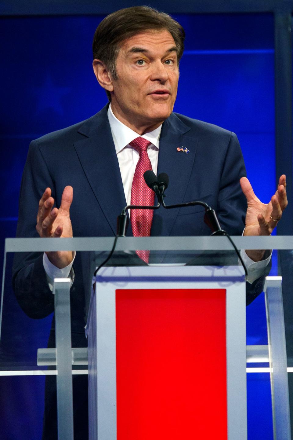 Republican Pennsylvania Senate candidate  Mehmet Oz participates in the debate in  Harrisburg on October 25, 2022.