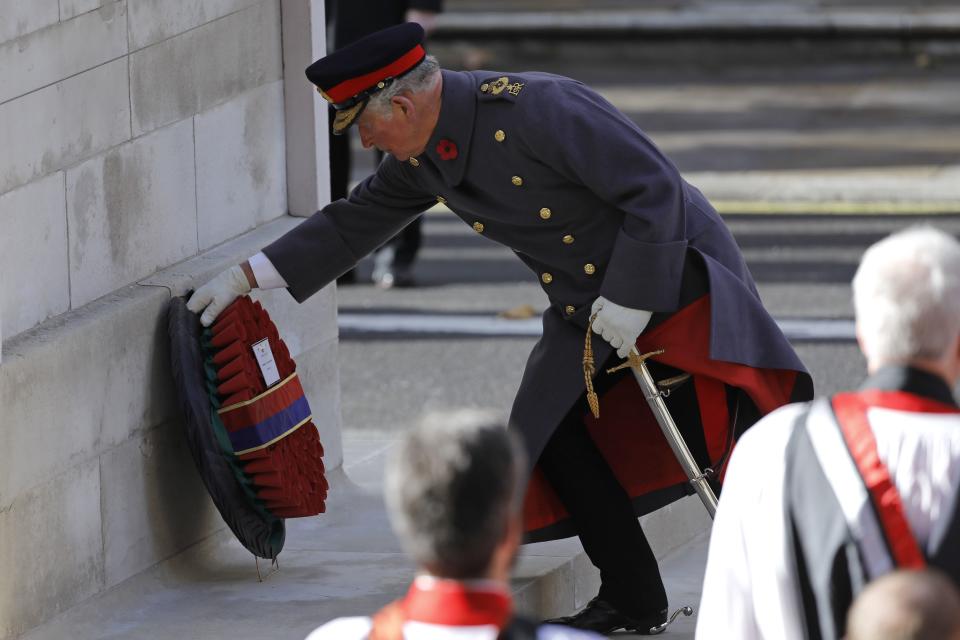 The Prince of Wales lays a wreath on behalf of the Queen at the Cenotaph on Remembrance Sunday (Getty)