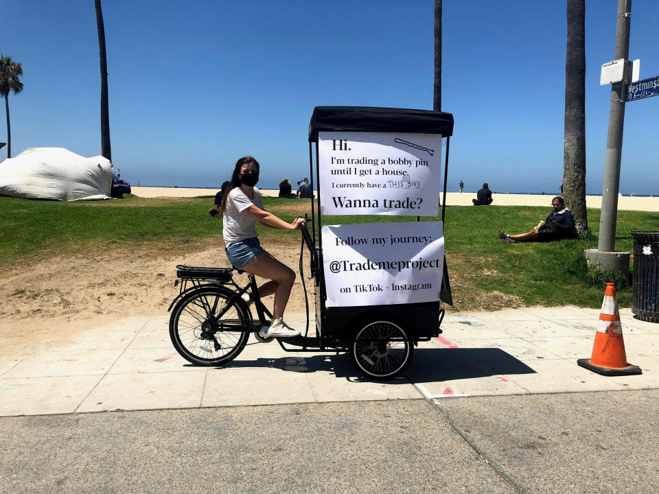 In one of her most niche trades, Skipper received an electric bike food cart. To test it out, she rode it near the beach and those familiar with her account flocked to her with excitement. Skipper told TODAY that the man behind the camera in all of her videos is her husband, Bobby Sudekum. She added that while he tries to help find viable trades, he has yet to land any. (Courtesy Demi Skipper)