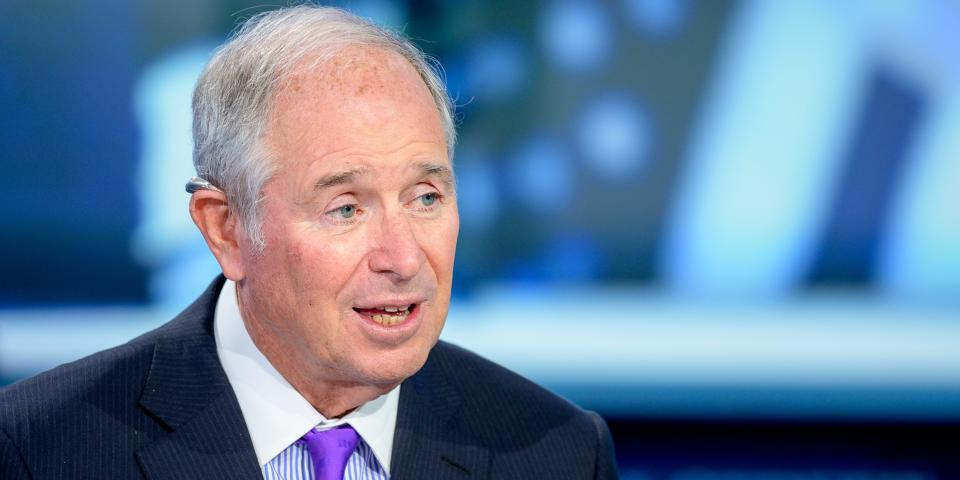 Blackstone CEO Stephen Schwarzman in front of a blue background as he visits "Maria Bartiromo's Wall Street" at Fox Business Network Studios on September 18, 2019 in New York City.